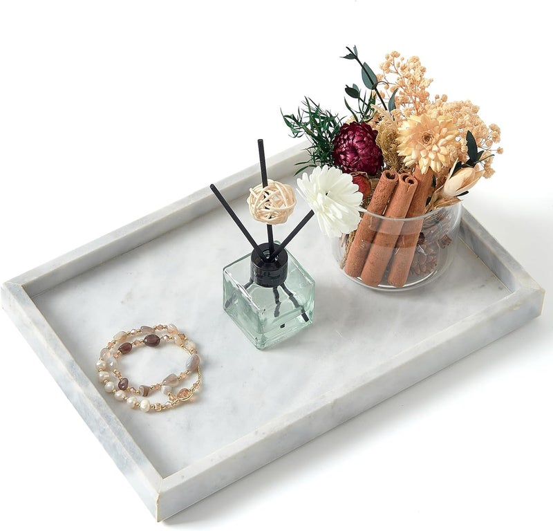 MULWR Marble Bathroom Tray,Pure Natural Marble Vanity Tray,Marble Tray for Kitchen Counter Non-Ceramic/Non-Resin,Stone Tray 12 x 8 inch (White) - Image 1